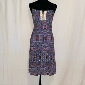 Chic Blue Midi Dress with Purple Accents